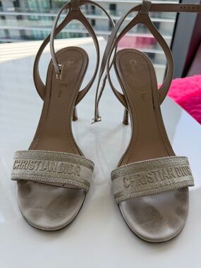 Dior Beige Embroidered Logo Strappy Heels